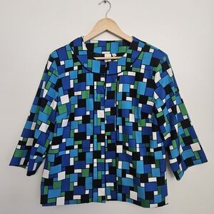 Lavender & Honey Geometric Abstract Print Blazer - Blue Green White - Size L EUC